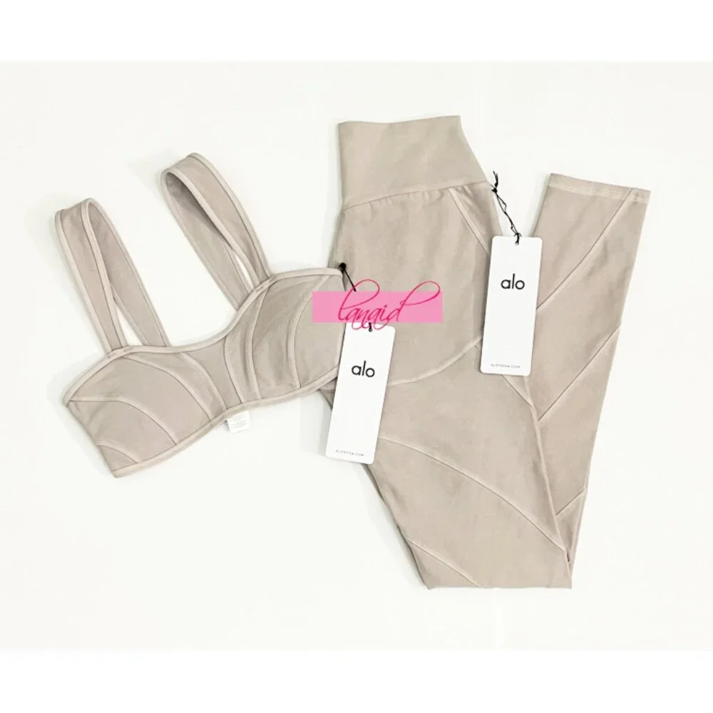 BUNDLE Alo Washed Alosoft Sunray Bra & High-Waist Legging Grey Sky Wash SET XS